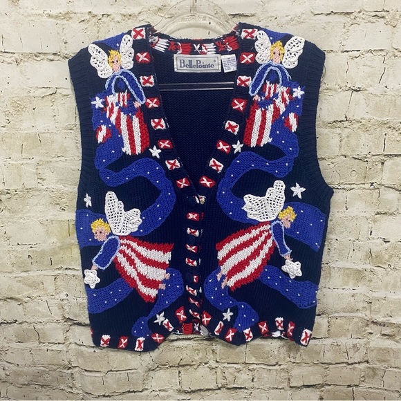 Vintage Belle Pointe Blue Red American Angels V Neck Cardigan - Picture 1 of 5